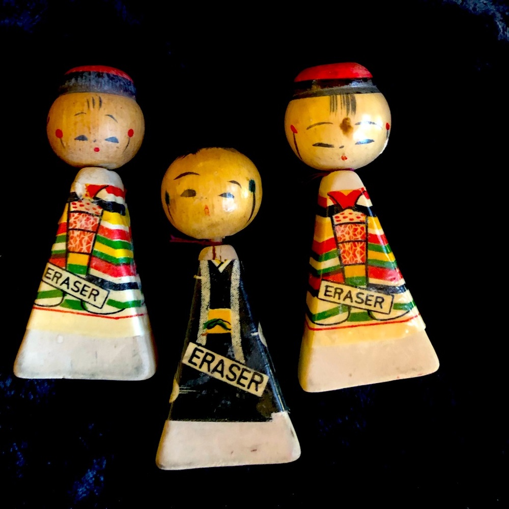 Vintage set of 3 Kokeshi Eraser dolls, Japan, 1960s-1970s~ fun collectible!